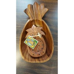 Monkey Pod Wood Pineapple Tray Dish , 2 New Coasters Vintage Hawaii  Mid Century